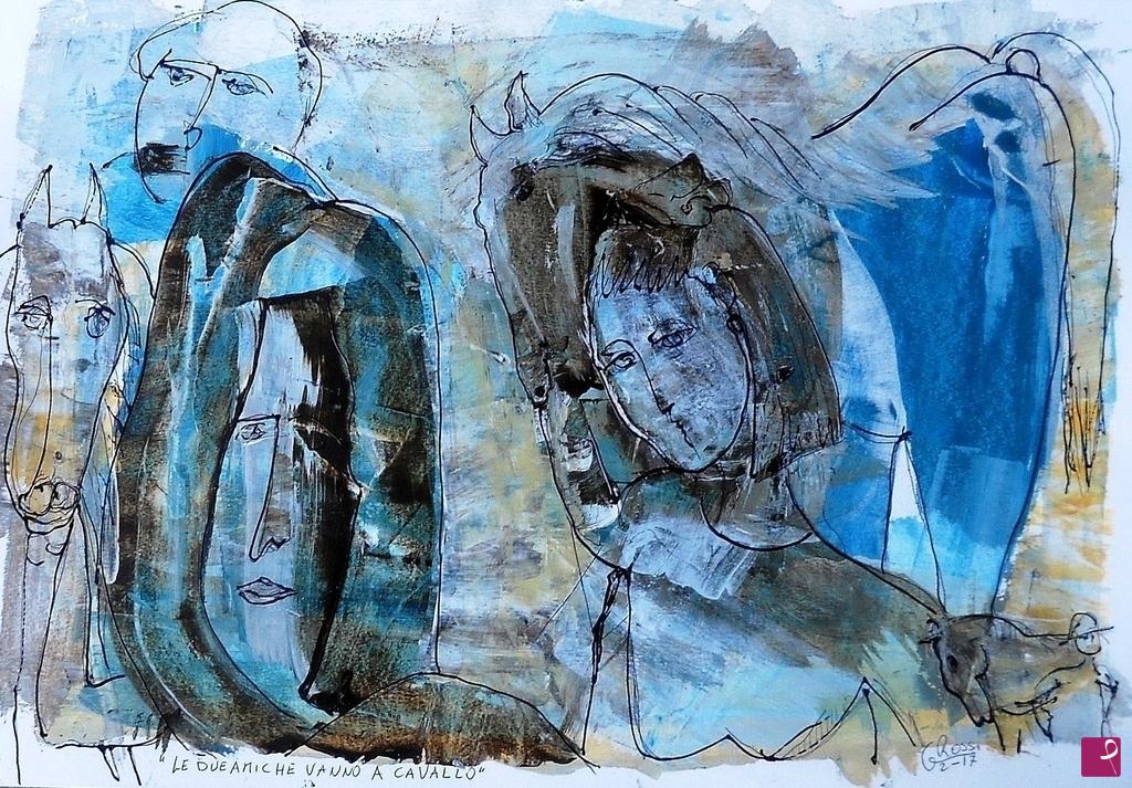 quadri in vendita online - "Le Amiche Vanno a Cavallo"48x33 cm tecnica mista su carta