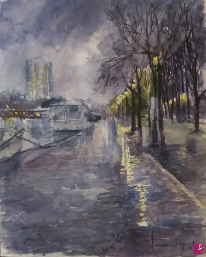 quadri in vendita online - Le Bassin de la Villette sous la pluie le soir.