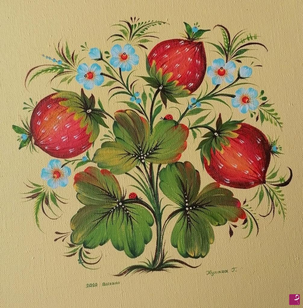 quadri in vendita online - LE FRAGOLE - dipinto originale su tela, creato in stile tradizionale ucraino folk Petrykivka dall'artista Halyna Kulaga