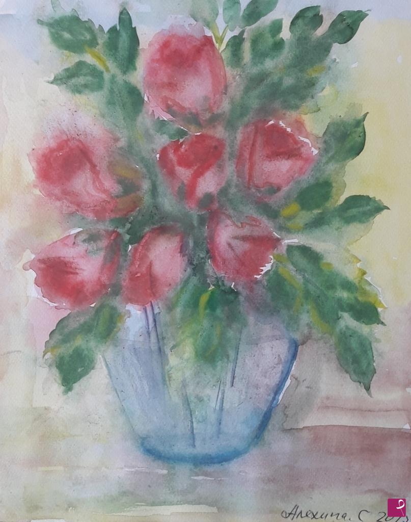 quadri in vendita online - Le rose in vaso blu