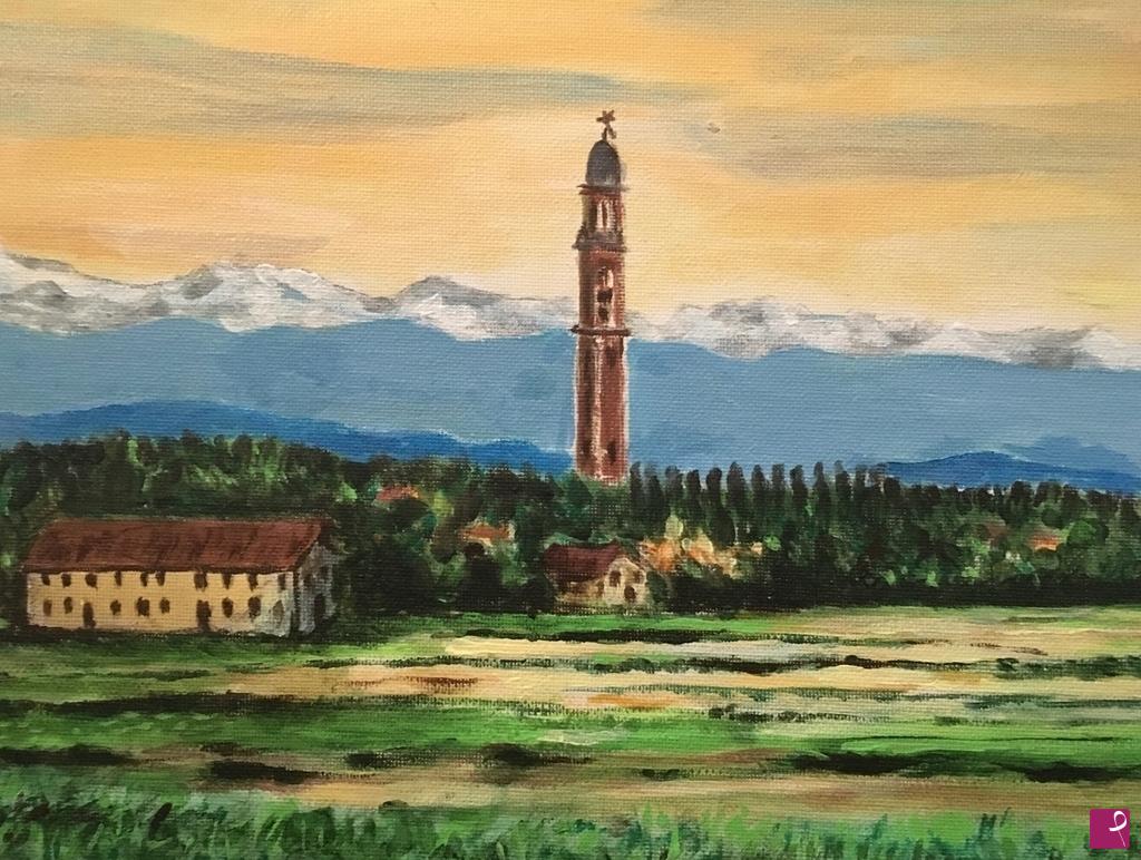 quadri in vendita online - Lendinara: torre campanaria di Santa Sofia  e le montagne del Garda