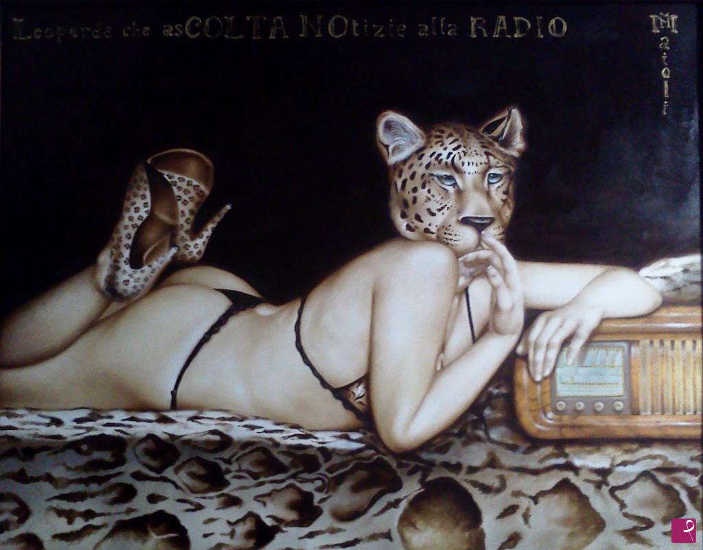 quadri in vendita online - Leoparda che asCOLTA NOtizie alla RADIO 
