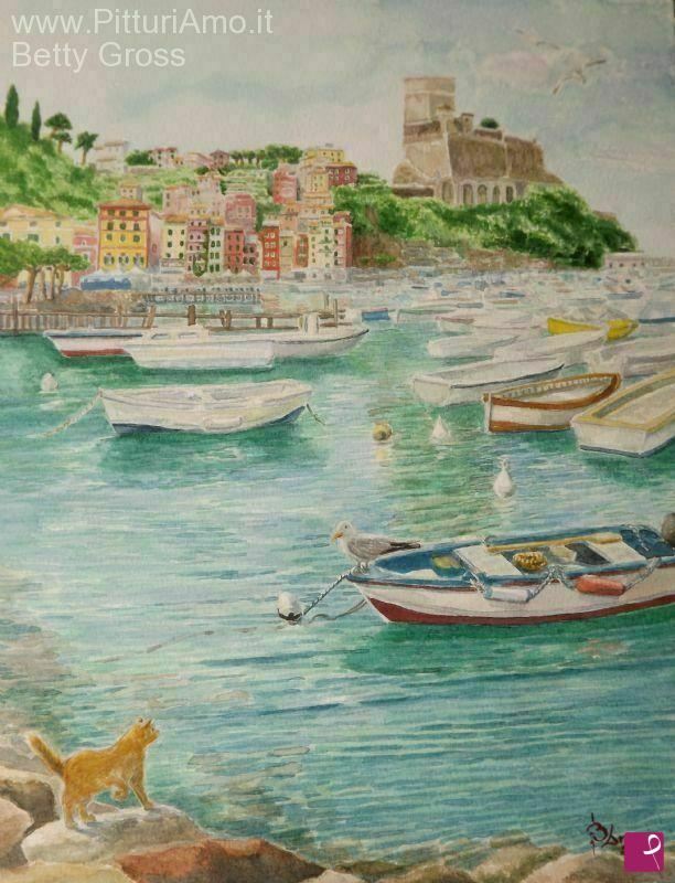 quadri in vendita online - Lerici Liguria Gatto sugli scogli