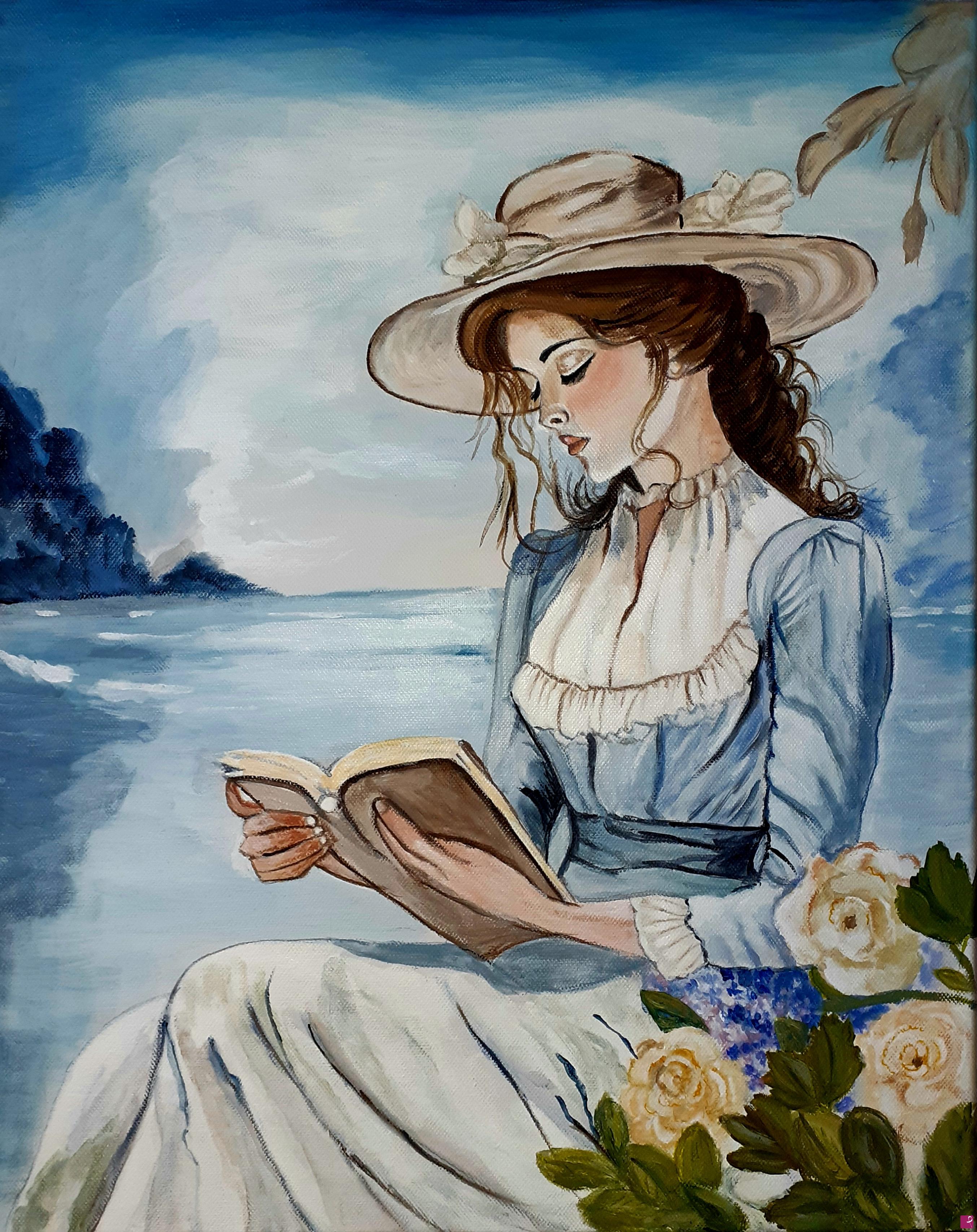 quadri in vendita online - Lettura in riva al lago 