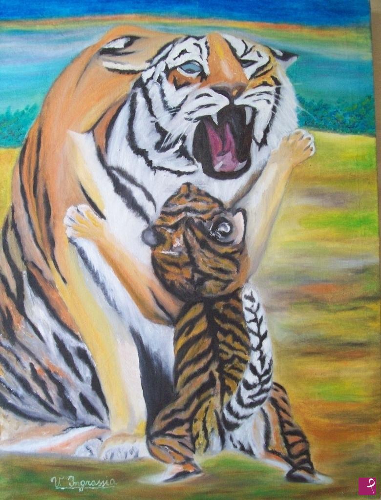 quadri in vendita online - lezione di mamma tigre al cucciolo
