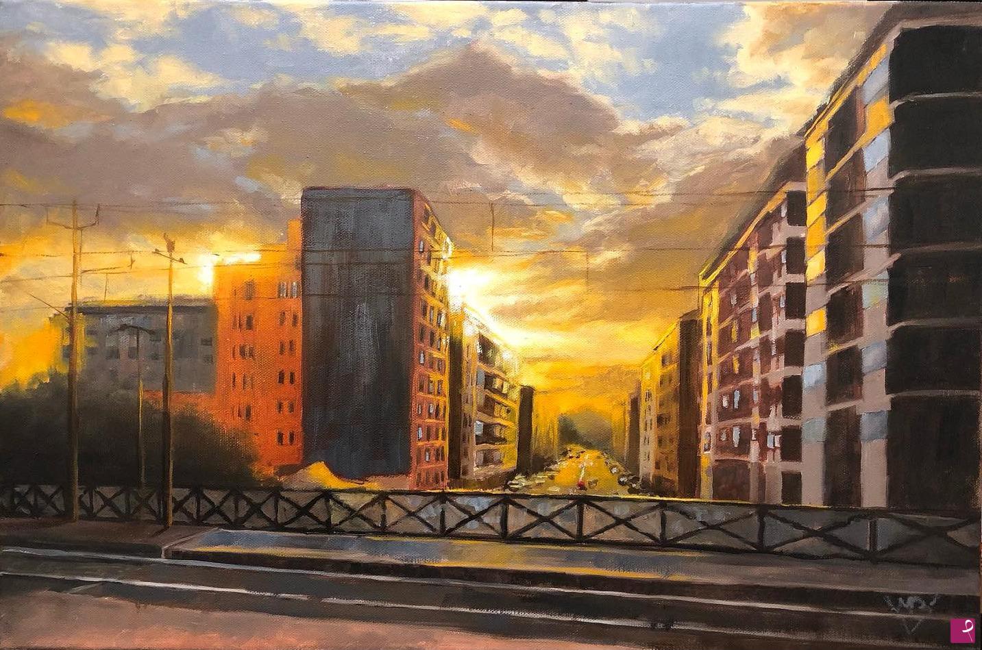 quadri in vendita online - Light behind the buildings