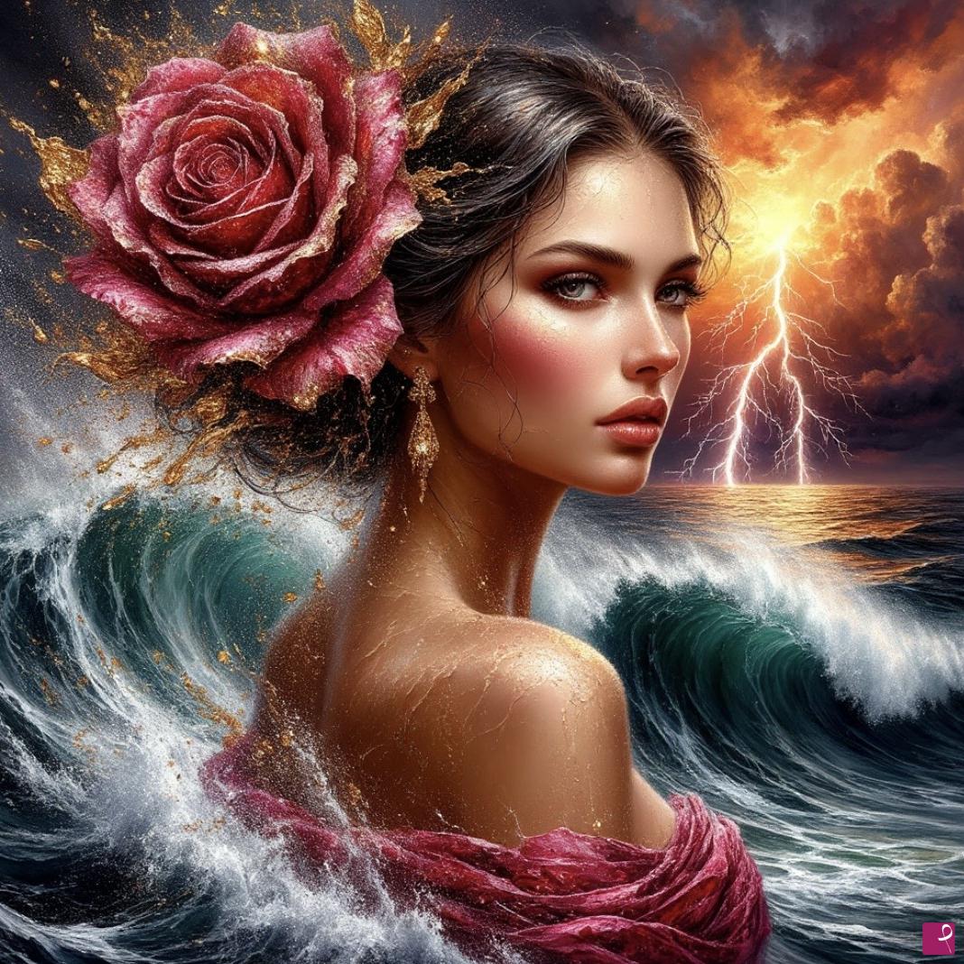 quadri in vendita online - Lightning, a storm at sea and a beautiful lady