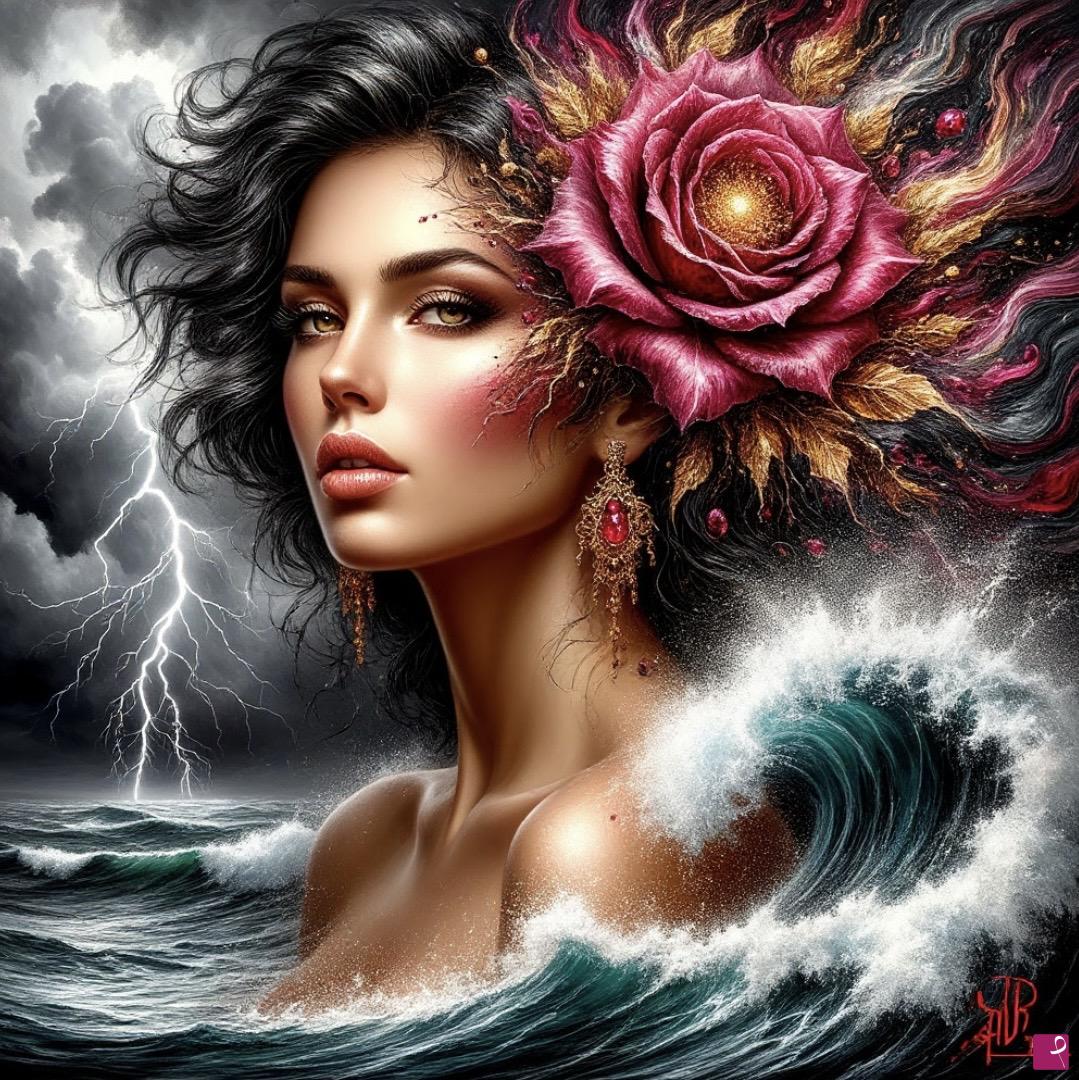 quadri in vendita online - Lightning, storm at sea and woman with flower in head 