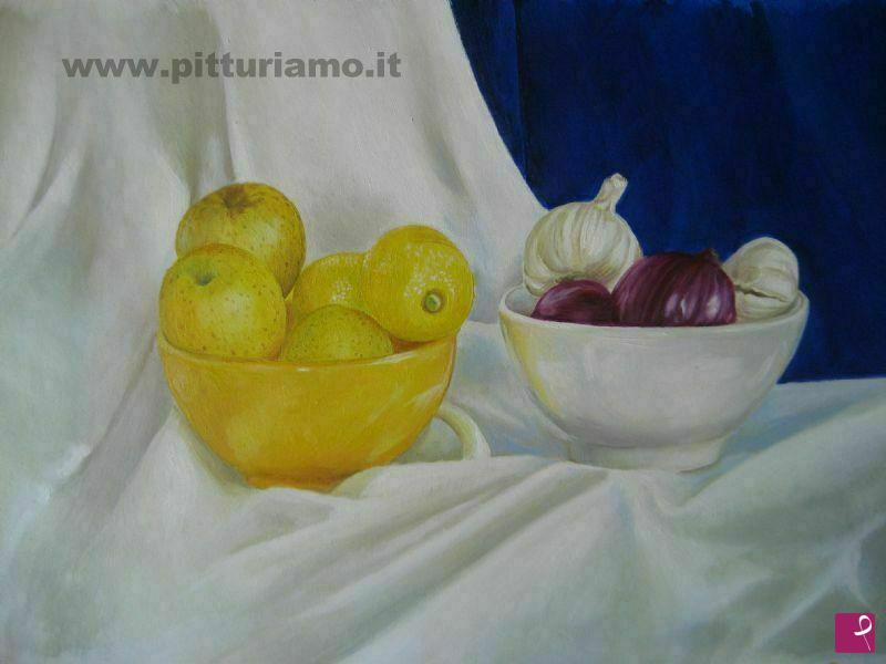 quadri in vendita online - Limoni,mele,cipolle e aglio, in tazze.