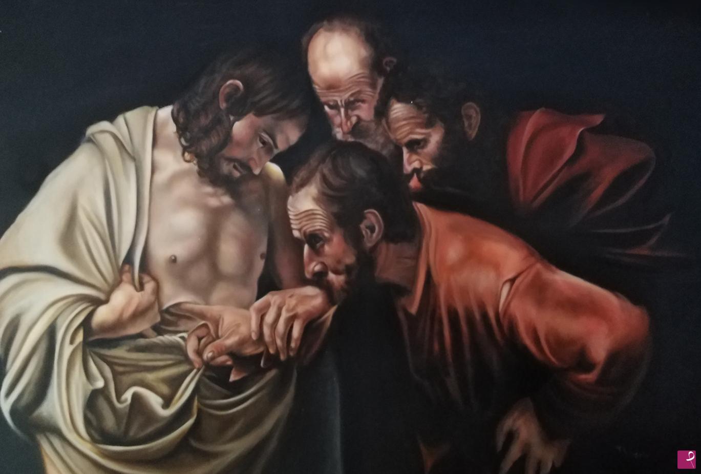 quadri in vendita online - L’INCREDULITÀ DI SAN TOMMASO – RIPRODUZIONE – CARAVAGGIO – OLIO SU TELA 70 X 100 (COPIA)