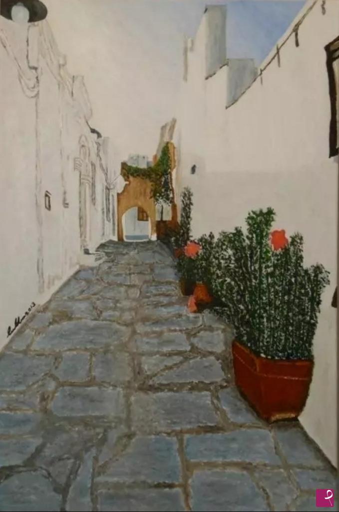 quadri in vendita online - Lindos.  Ellenica conchiglia dalle bianche striature, risplendi sotto l'austero sguardo di antiche vestigia del potere. 