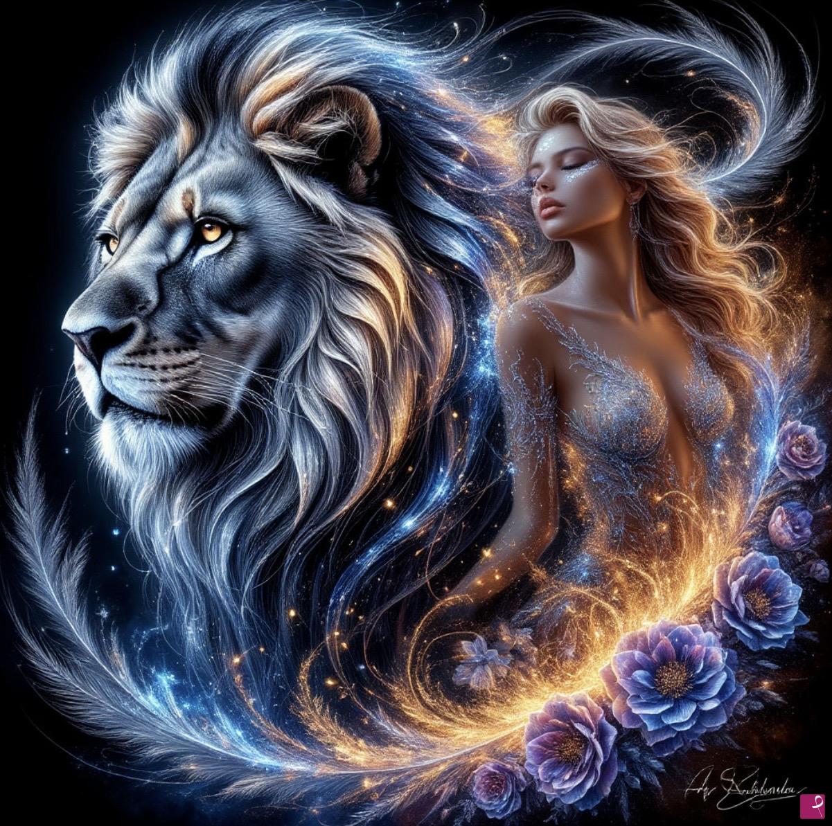 quadri in vendita online - Lion and beautiful woman 