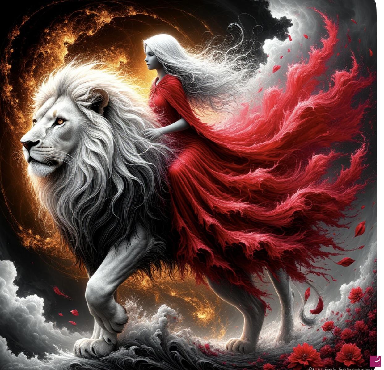 quadri in vendita online - Lion and girl in red dress 