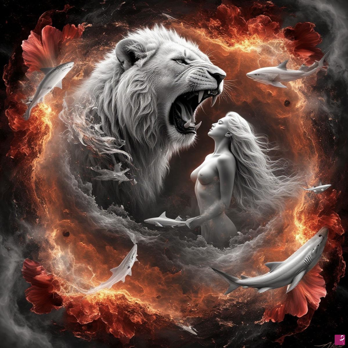 quadri in vendita online - Lion and girl in sky