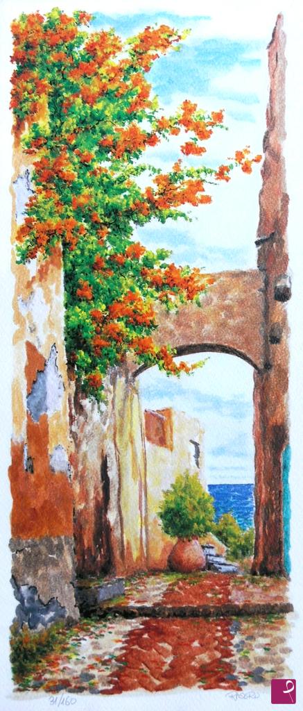 quadri in vendita online - Litografia N. 27 - Campanule sul caruggio