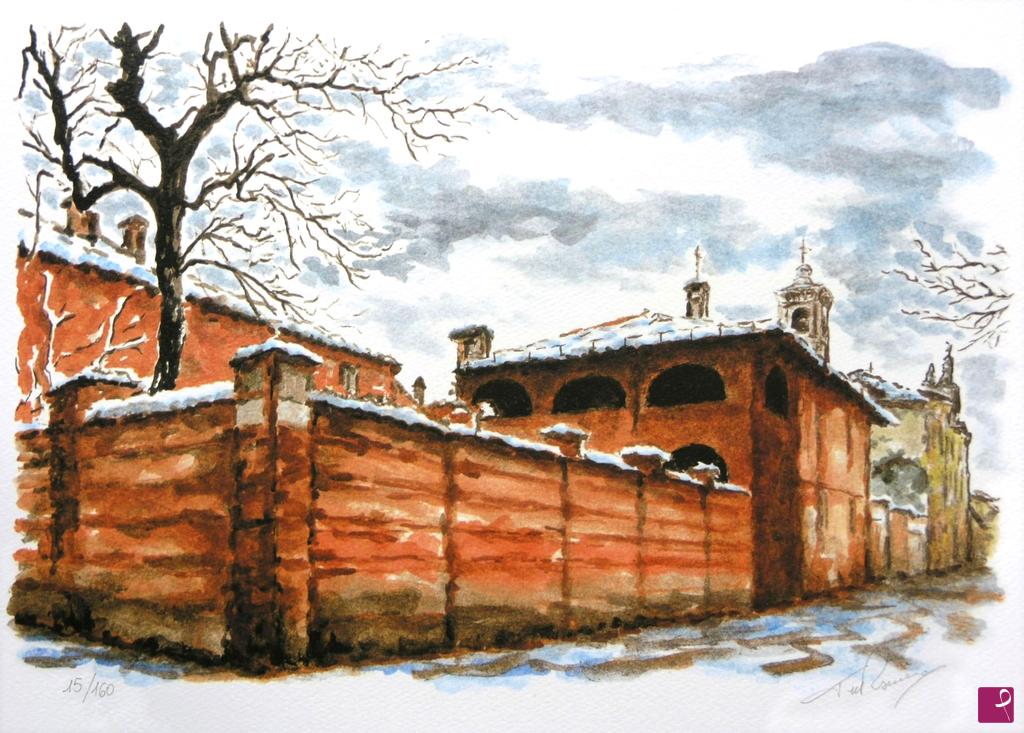 quadri in vendita online - Litografia N. 43 - Neve tra le vie di Cherasco