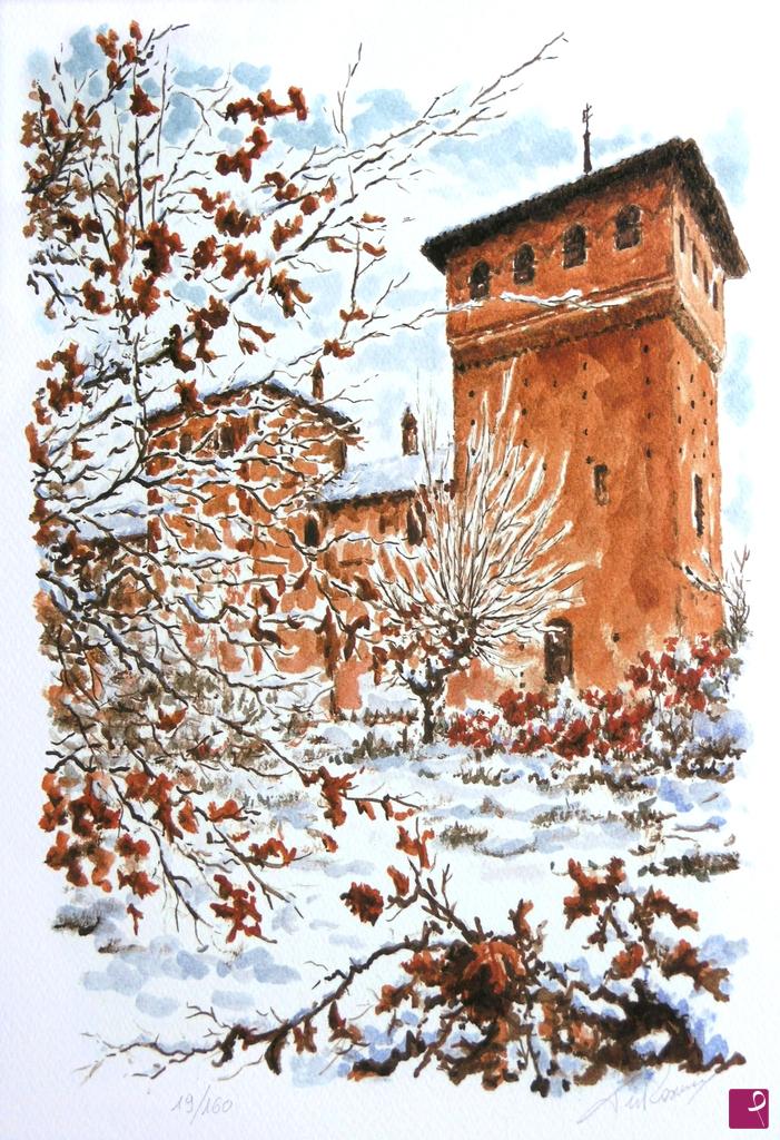quadri in vendita online - Litografia N. 47 - Nevicata sul castello