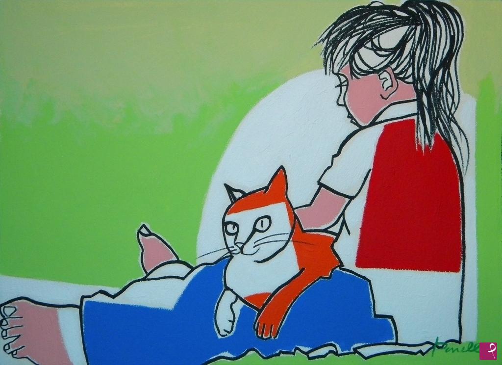 quadri in vendita online - Little girl with cat