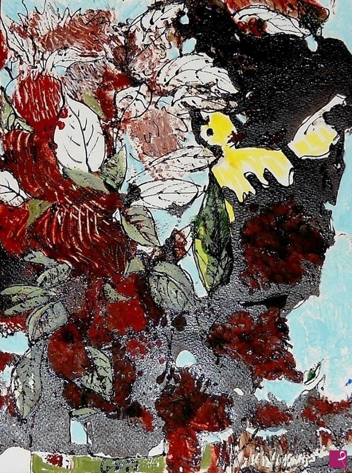quadri in vendita online - L'Uccellino giallo  24x33 cm tecnica mista su carta 