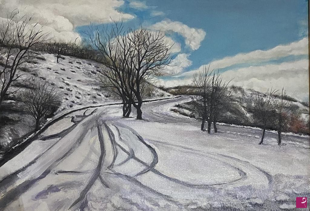 quadri in vendita online - Lungo la strada innevata 