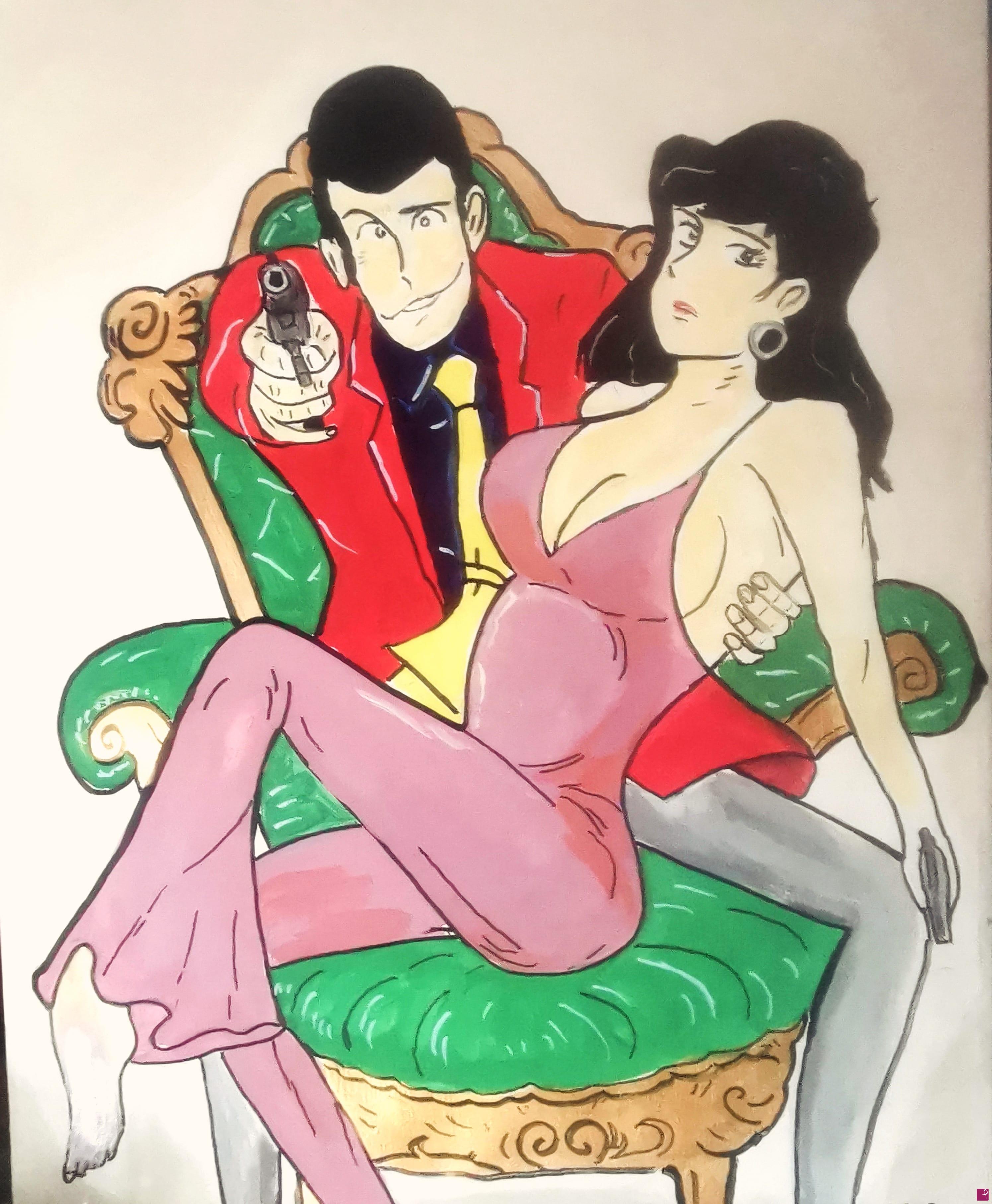 quadri in vendita online - Lupin e Margot su poltrona verde 