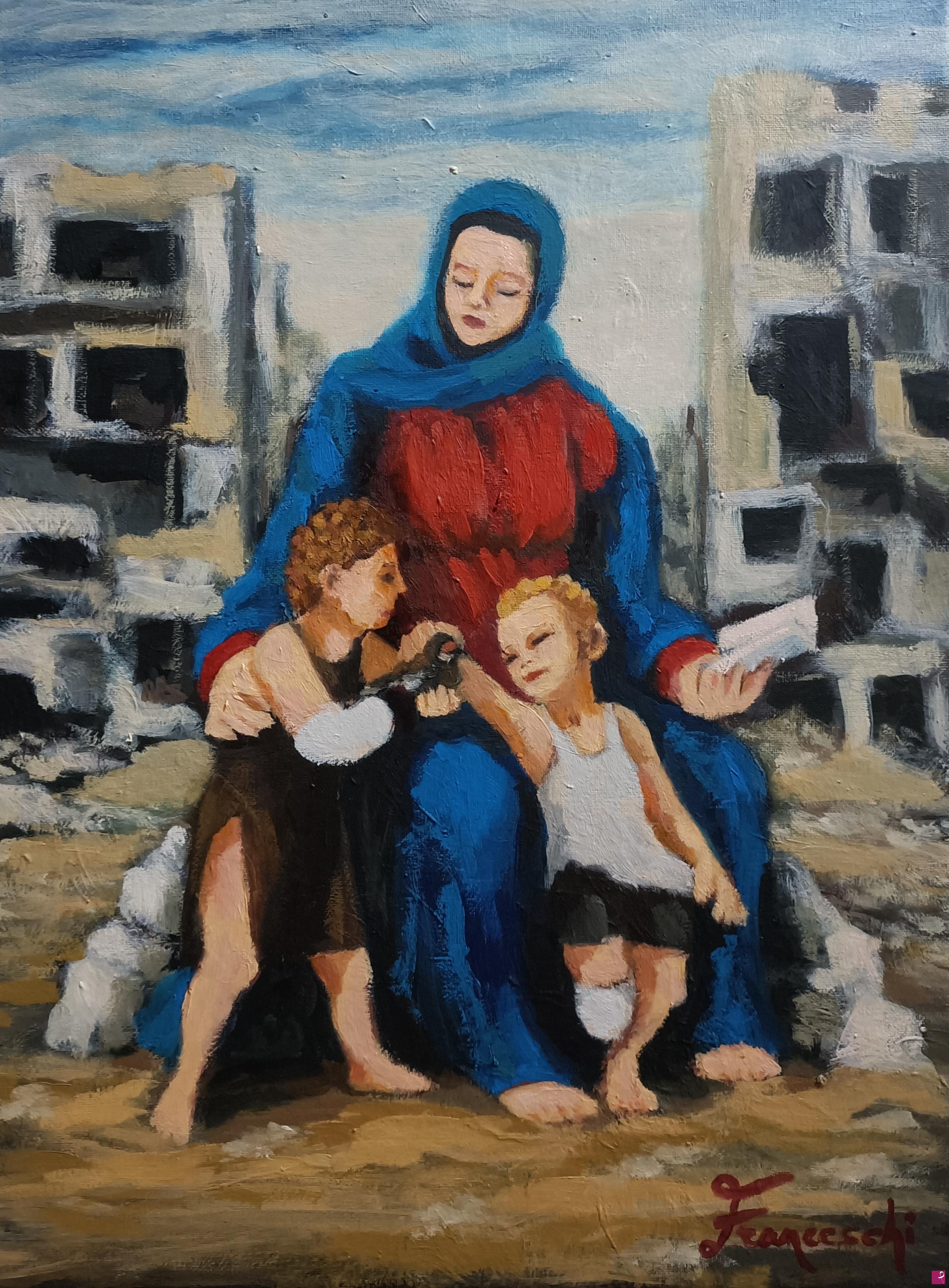 quadri in vendita online - Madonna del cardellino in zone di guerra