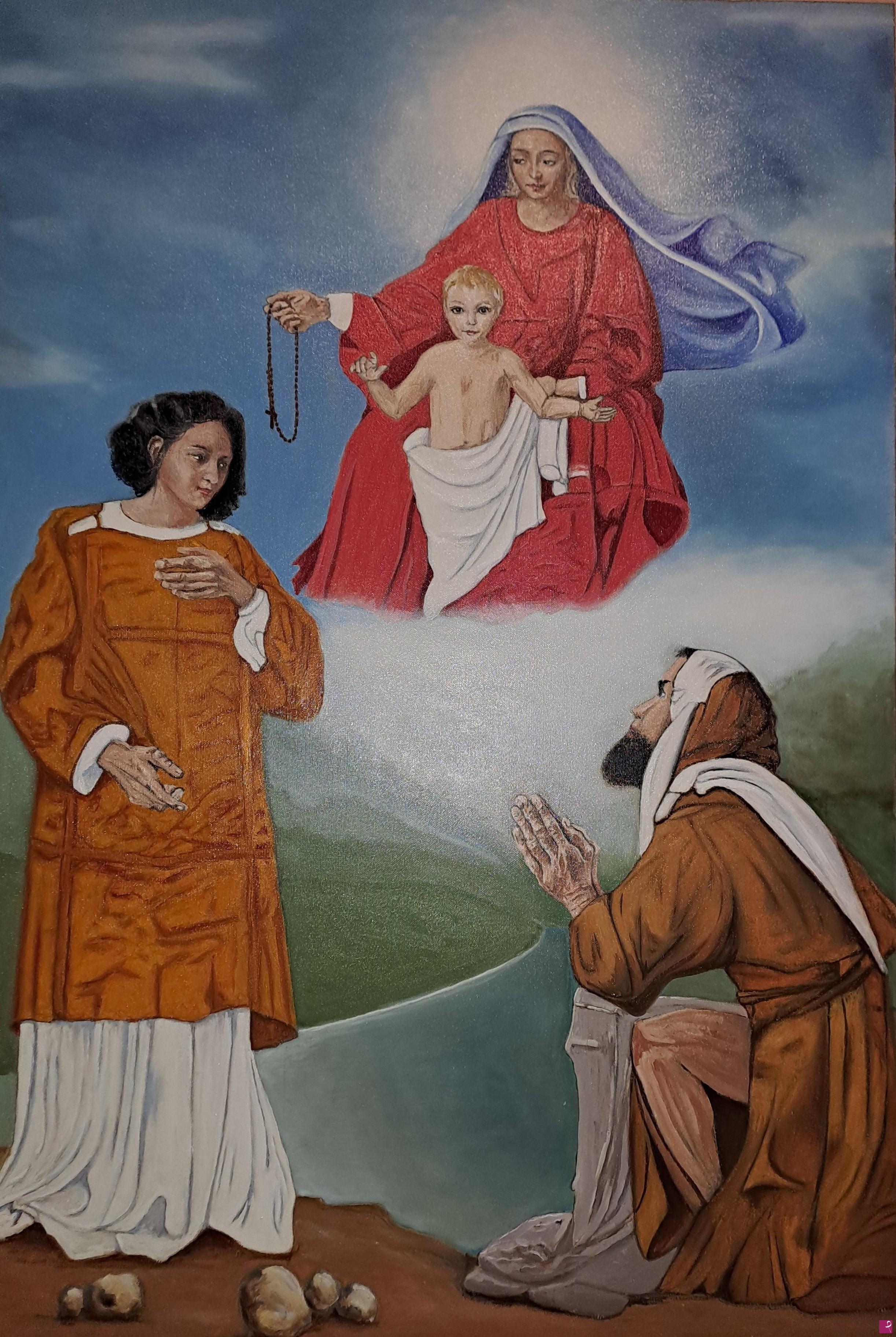 quadri in vendita online - Madonna del Rosario con Bambino, Santo Stefano e mendicante