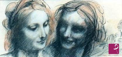 quadri in vendita online - Madonna, Sant'Anna il bambino e San Giovannino (dettaglio dei volti delle due donne) studio di Leonardo Da Vinci, copia