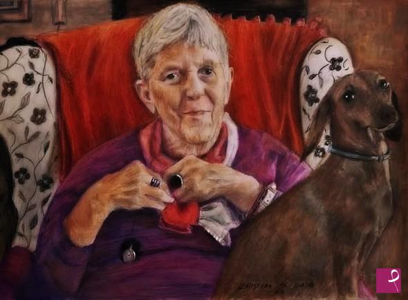 quadri in vendita online - mamma   di  Maria  Luisa  con  il   cagnolino