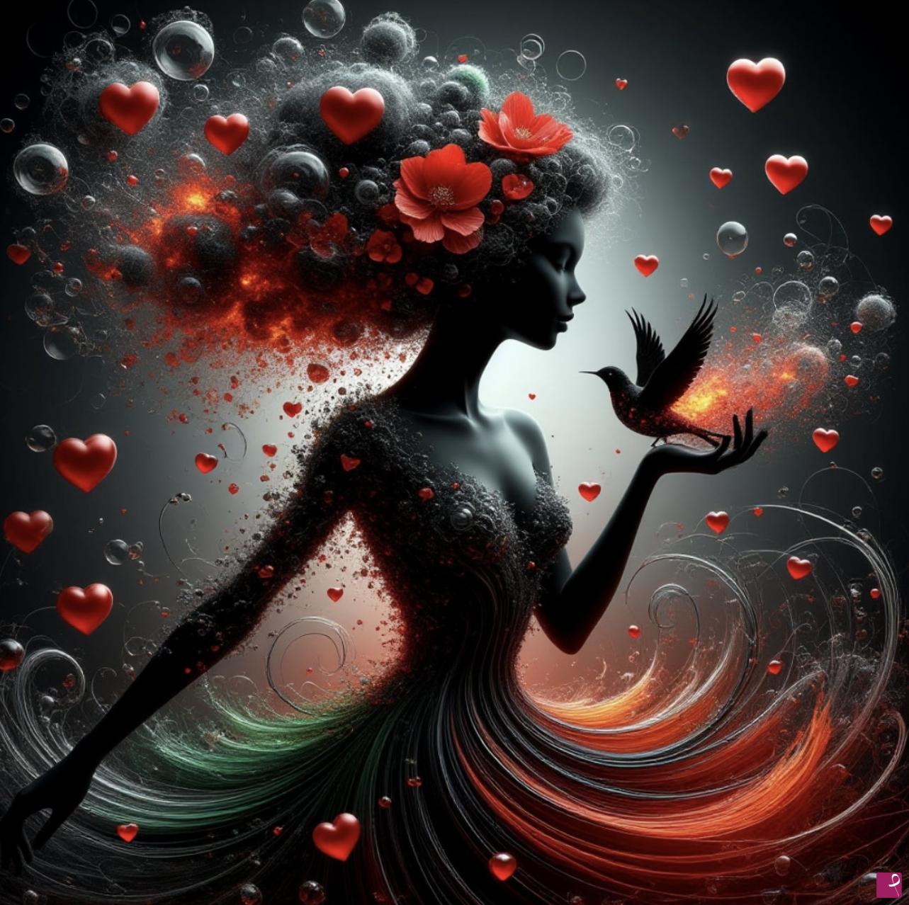 quadri in vendita online - Many hearts, water bubbles, bird and girl 