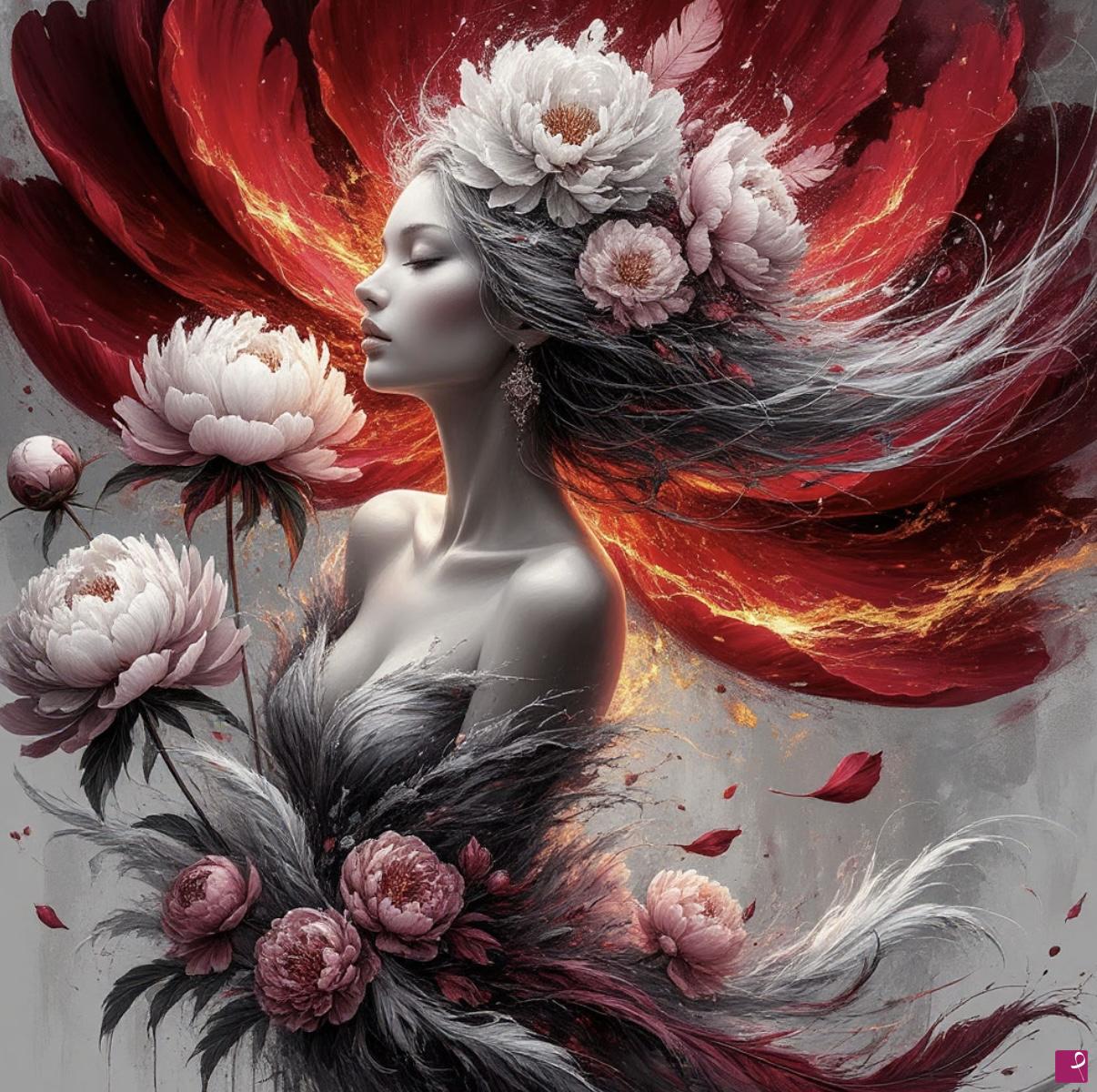 quadri in vendita online - Many peonies, girl and big red rose