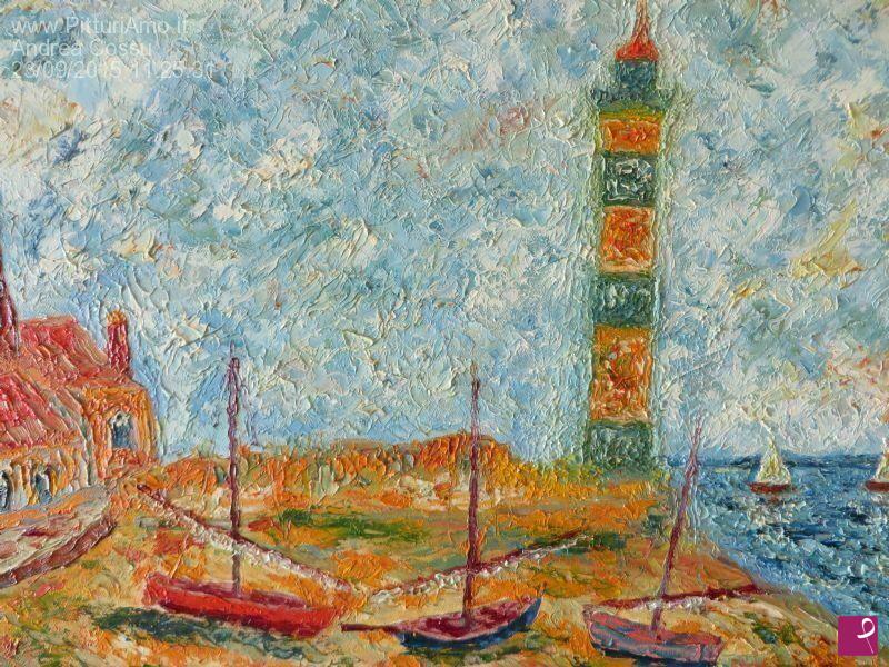 quadri in vendita online - Marina con faro e barche sulla spiaggia