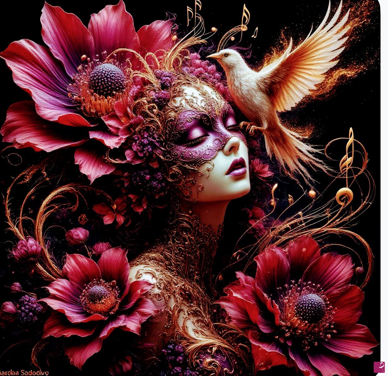 quadri in vendita online - Mask, bird, flowers and girl 