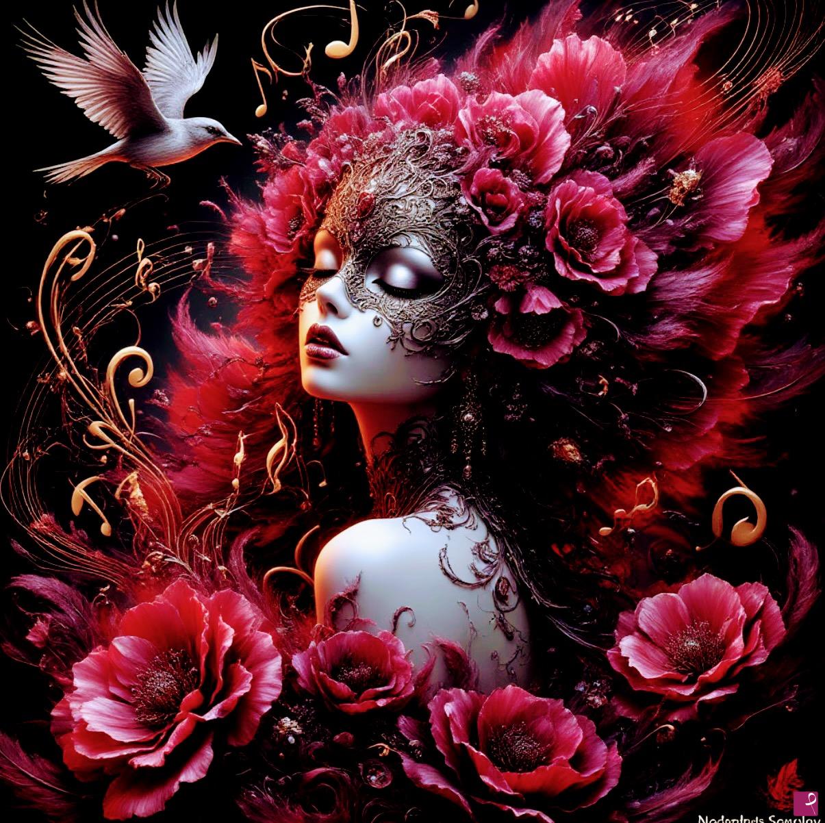 quadri in vendita online - Mask on girl, bird, flowers 
