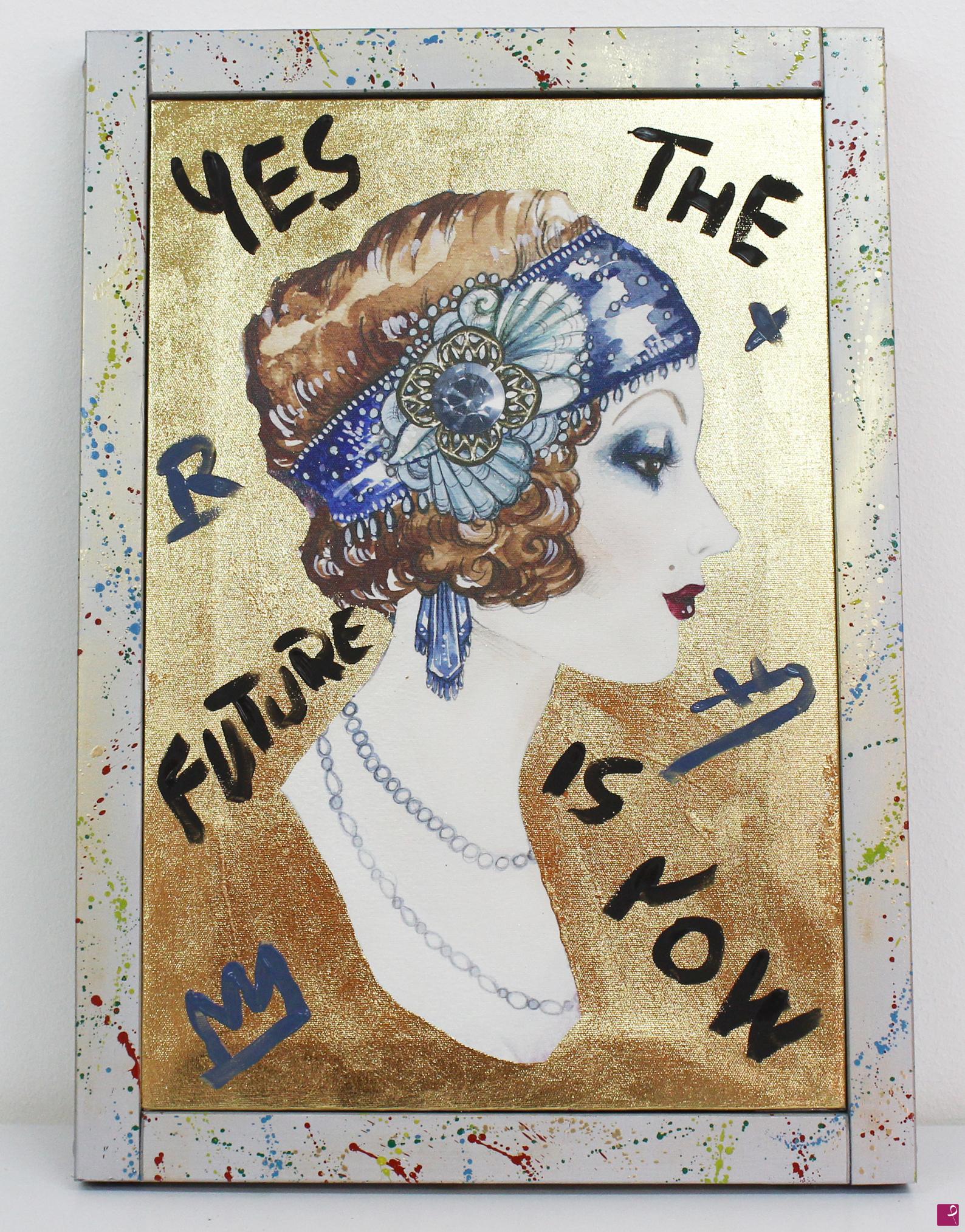 quadri in vendita online - Massimo Reitano (1974) Ritratto Flapper in Stile Pop Art con Foglia Oro "Yes, the Future is Now"