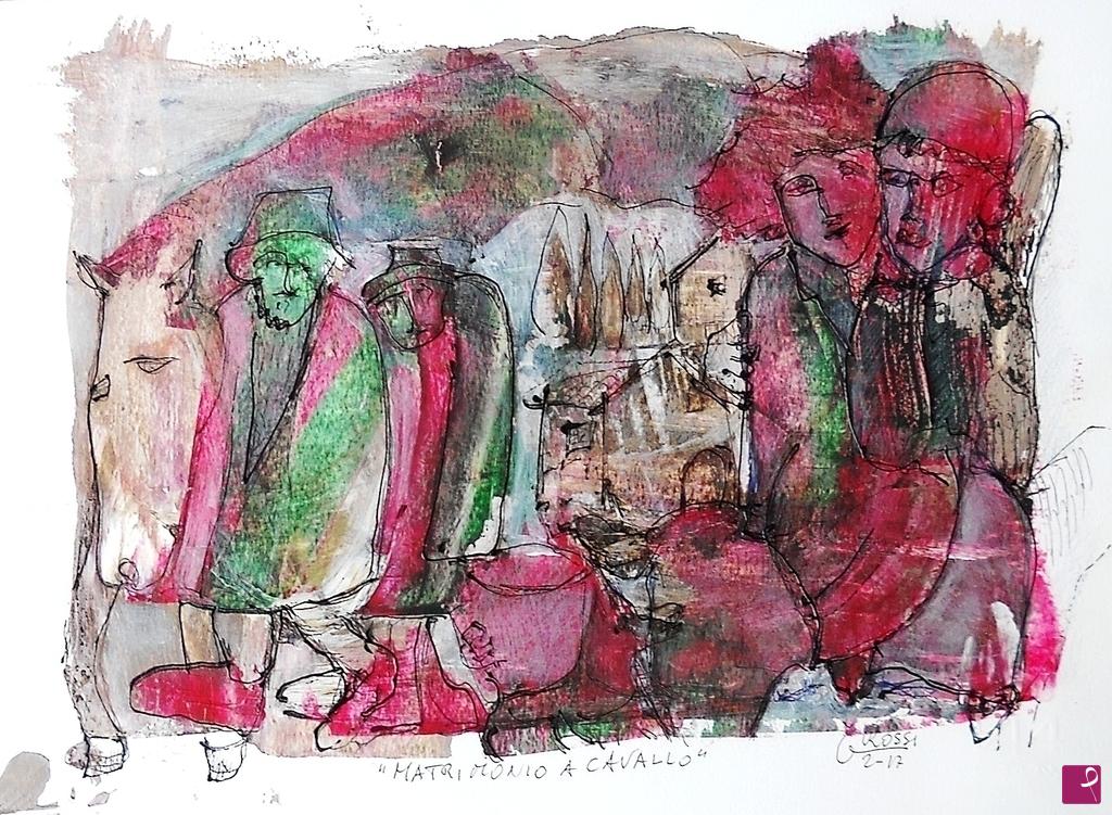 quadri in vendita online - "MATRIMONIO A CAVALLO" 33x24 cm tecnica mista su carta,autenticato dietro dall'autore,pezzo unico.