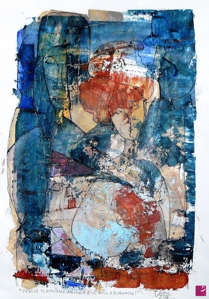 quadri in vendita online - Meglio il giovane artista o il ricco borghese?!?" tecnica mista su carta 33x48 cm
