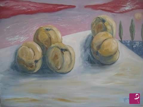quadri in vendita online - Mele cotogne in paesaggio metafisico 