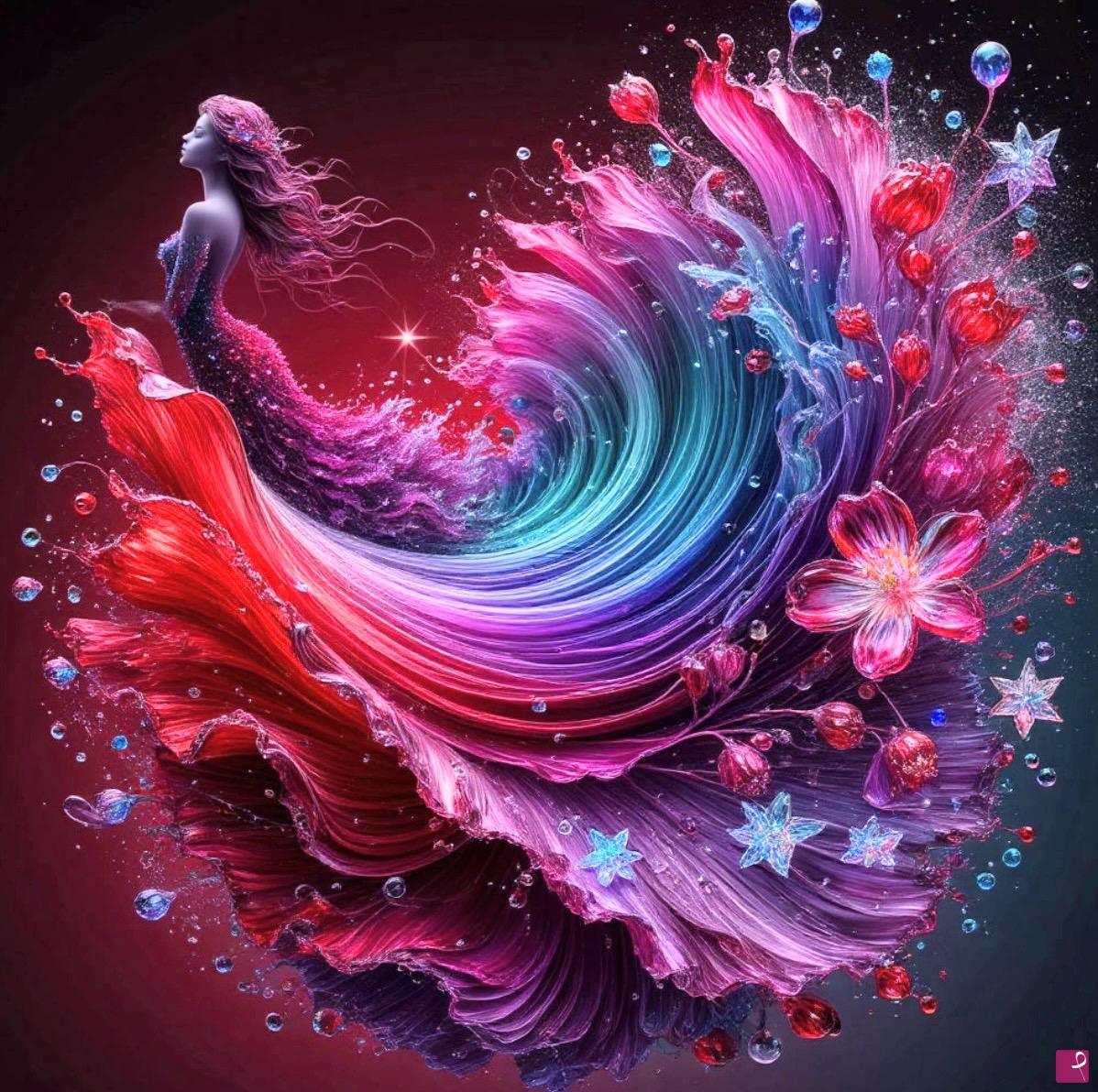 quadri in vendita online - Mermaid in colour waves flowers