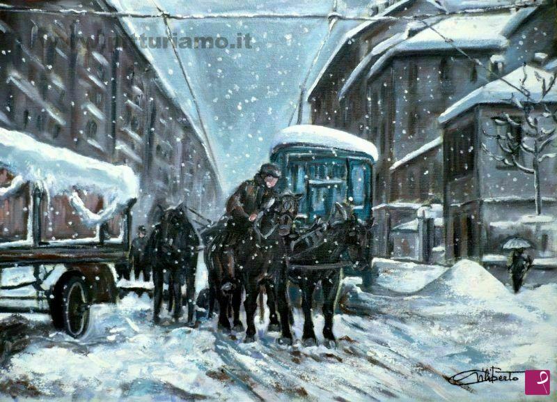 quadri in vendita online - Milano - Via Dante sotto la neve