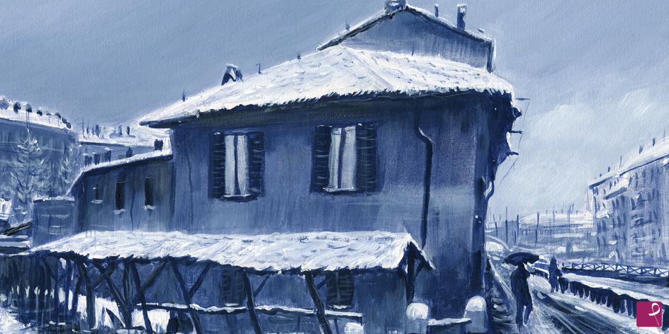 quadri in vendita online - Milano-Vicolo delle Lavndaie con la Neve