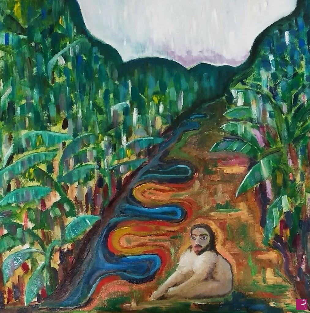 quadri in vendita online - Monkey in a banana plantation. 
