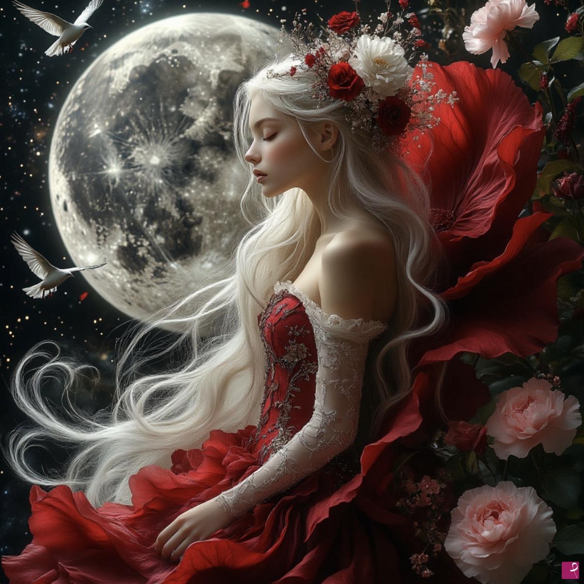quadri in vendita online - Moon, birds and girl 