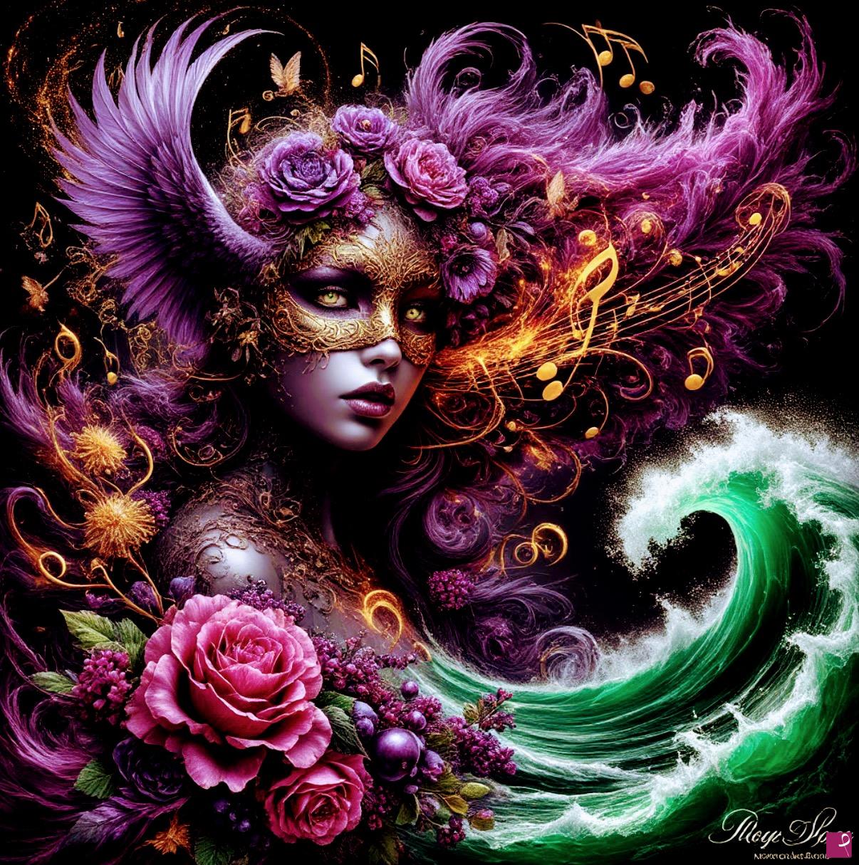 quadri in vendita online - Music, ocean waves, girl and flowers 