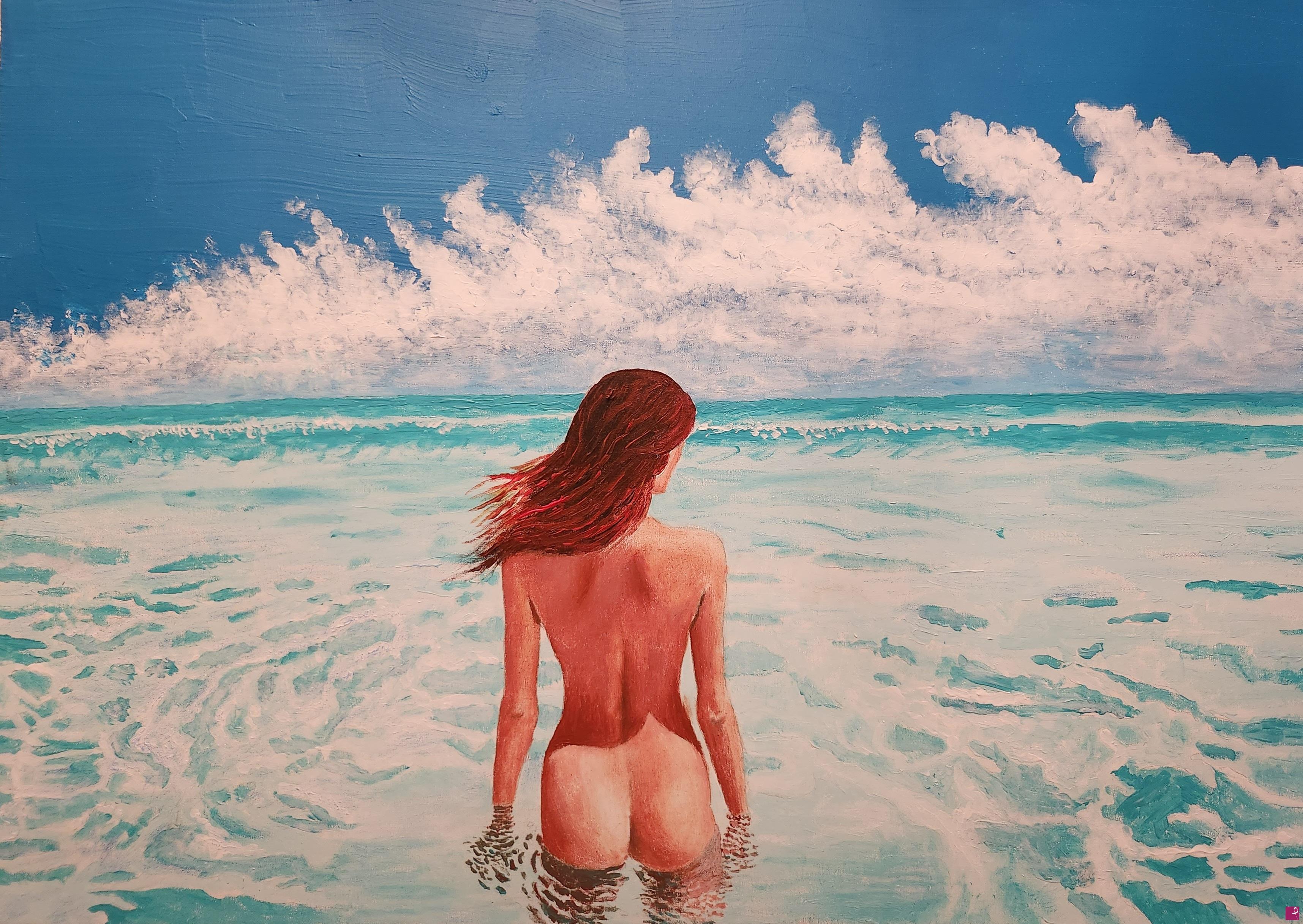 quadri in vendita online - Naked girl in sea water