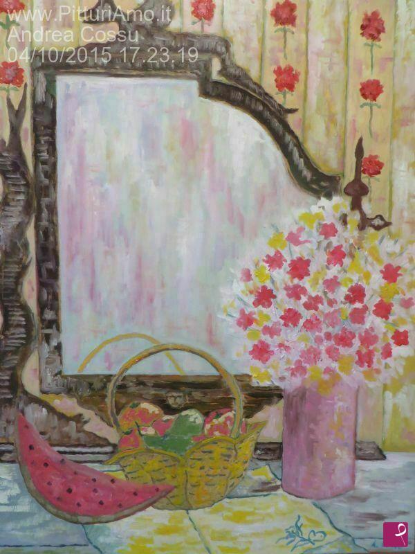quadri in vendita online - Natura morta con cestino di frutta , anguria e vaso di fiori