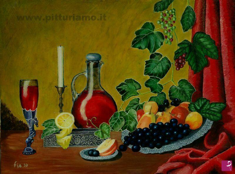 quadri in vendita online - Natura morta con frutta e vino