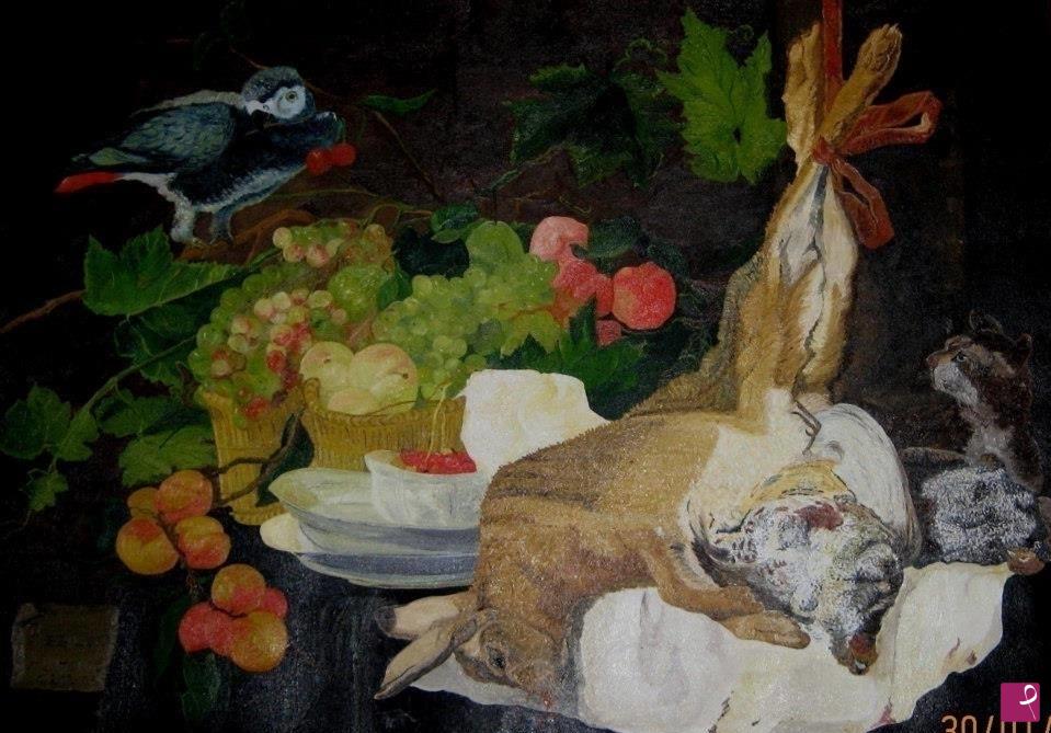 quadri in vendita online - "natura morta con lepre, frutta e pappagallo" (J.Fyt 1647)