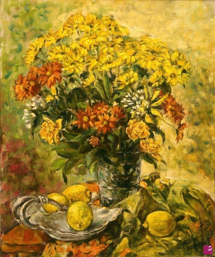 quadri in vendita online - Natura morta con mazzo di fiori misti e limoni