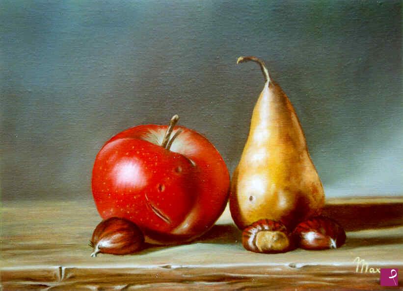 quadri in vendita online - NATURA MORTA CON MELA PERA E CASTAGNE